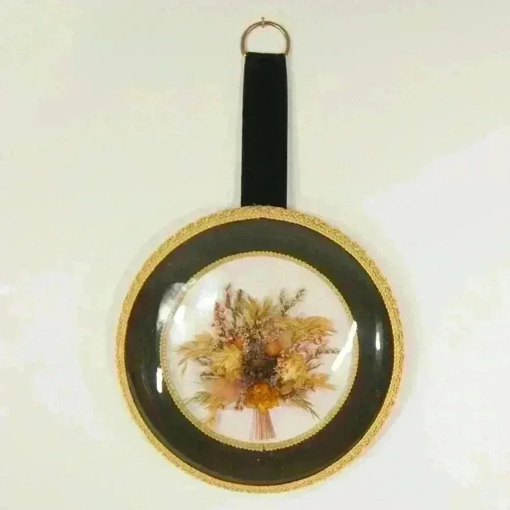 Vintage Art Deco Hand Placed Dried Floral in  Convex Glass "Made in Belgium"